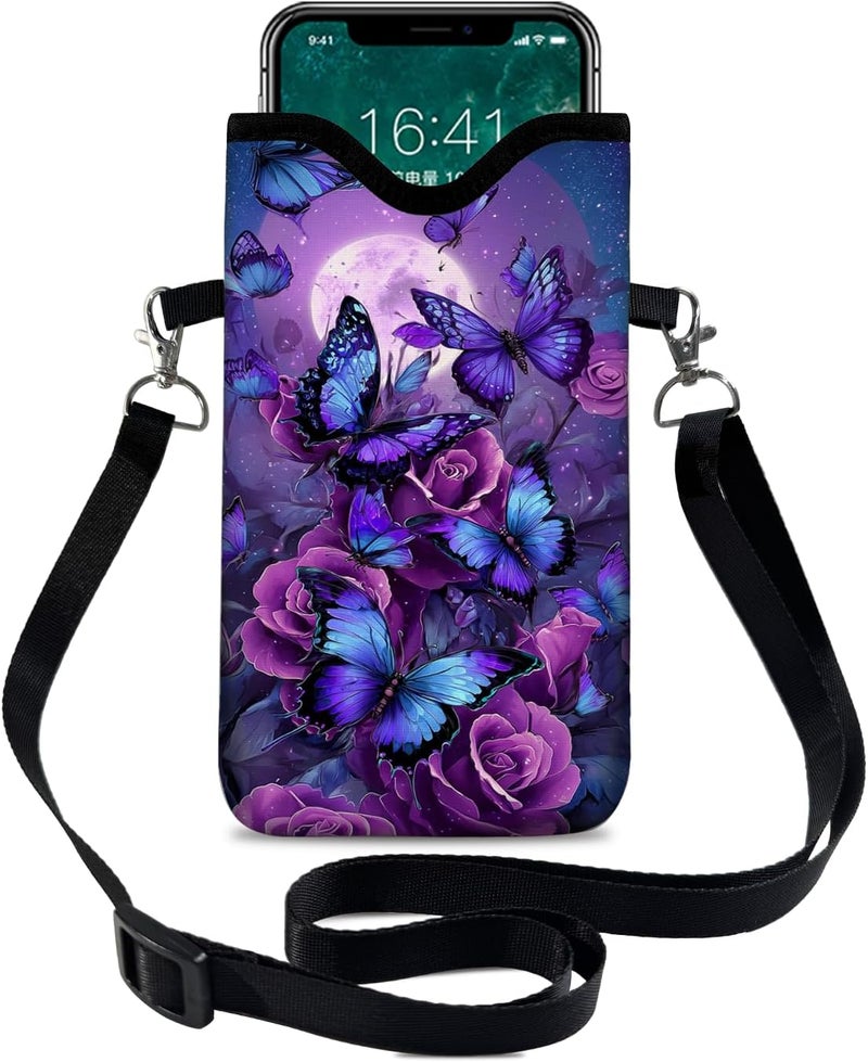 otilil Neoprene Cell Phone Sleeve Pouch Case Bag with Crossbody Strap Neck Lanyard for Women 7.1 X 3.9 in Purple Butterfly - Image 1